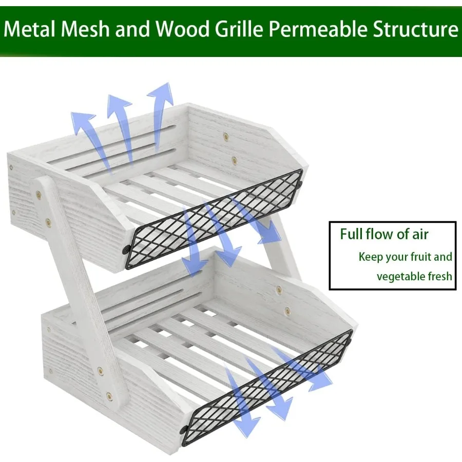 Fruit Basket for Kitchen 2 Tier Fruit Bowl Kitchen Counter Organizer Wooden Vegetable Holder for Countertop Bread Storage Baske