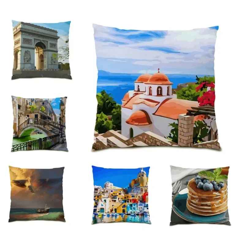 

Oil Painting Landscape Pillowcse 45x45 Double Sided Pillow Cover Cojines Retro Scenery Cushion Cover Party Decor Gift DF1479