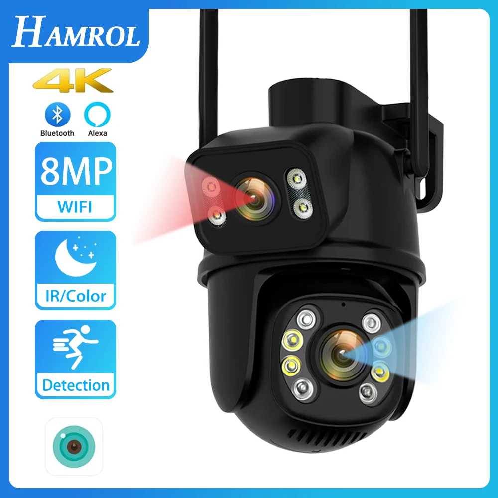 Уличная Беспроводная IP-камера HAMROL, 8 Мп, PTZ, Wi-Fi, двойной объектив, H.265, автоматическое отслеживание, 6 МП, для системы видеонаблюдения