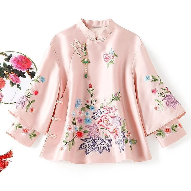 Ethnic Style Tang Suit Women Blouse Vintage Harajuku Embroidery Chinese Tops Eleganti Loose Spring Autumn New Female Shirt Hanfu