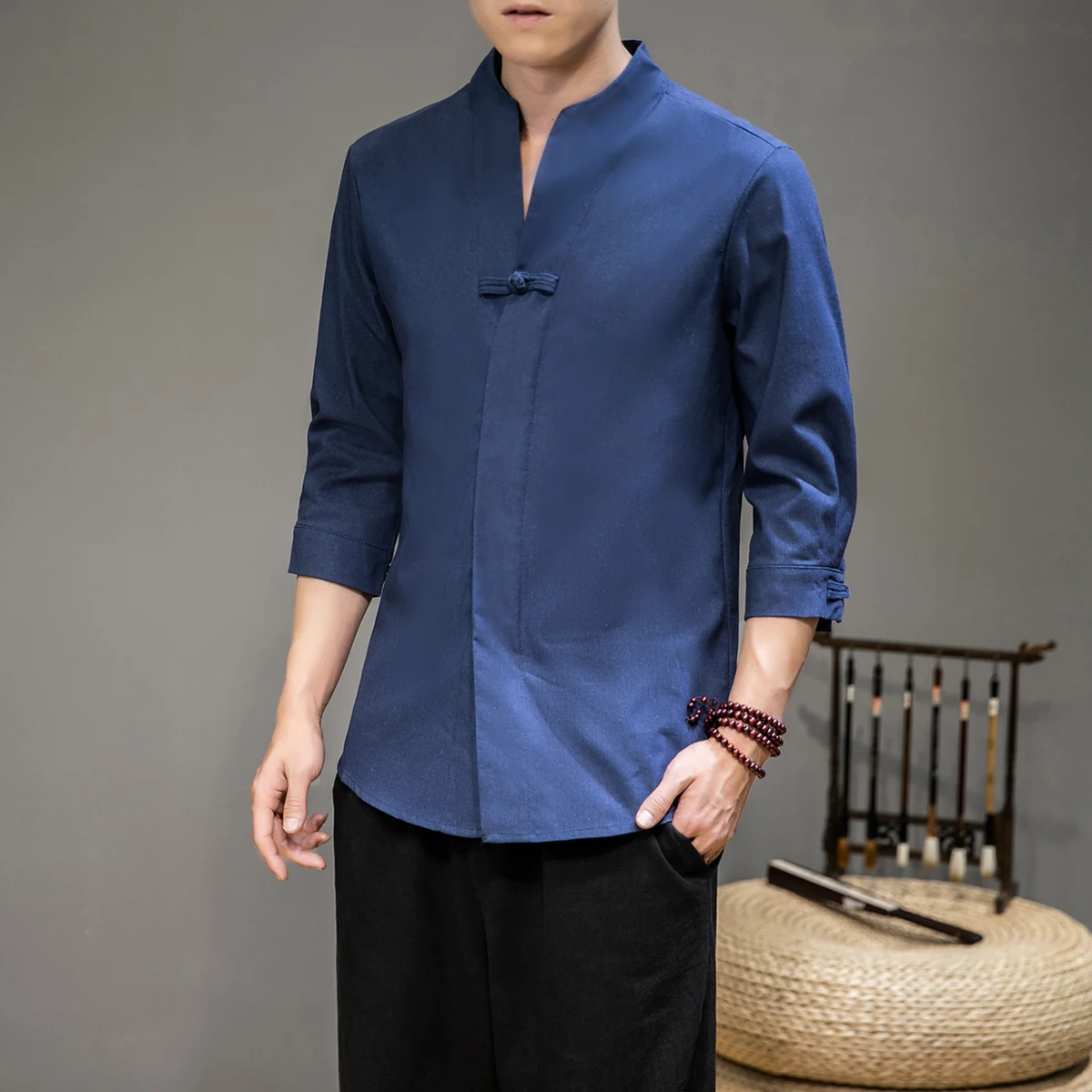 

Шанхай, синяя традиционная китайская одежда для мужчин, костюм в восточном стиле для мужчин, дзен, медитация, танчжуан, приталенная льняная футболка