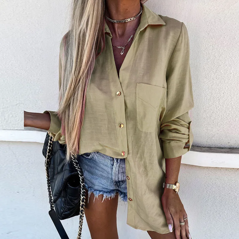 

Повседневная Свободная уличная рубашка с длинным рукавом, Весенняя винтажная однотонная однобортная рубашка, Офисная Женская блузка с отложным воротником и карманами