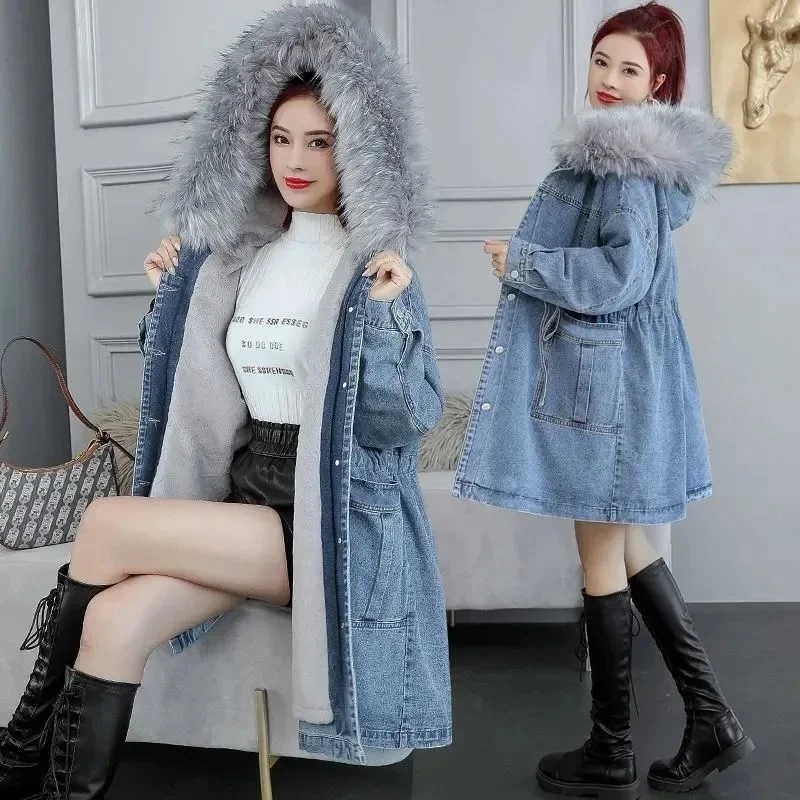 Women\'s Jeans Coat 2023 New Winter Coats Thick Wool Denim Jacket Korea Loose Hooded Fur Collar Long Clothes Outerwear Female