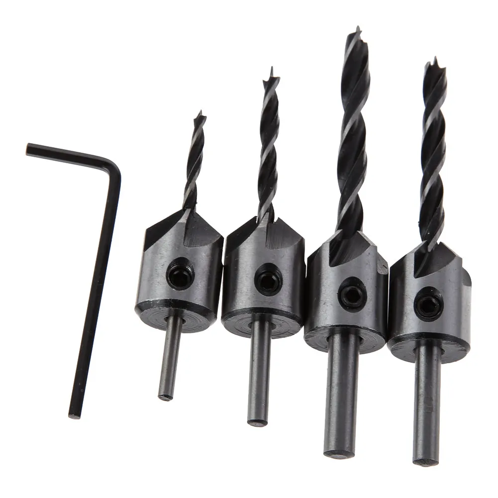 4 PCS Screw Chamfering Drill Bit 3-6mm HSS Hole Opener Tool Set 5 Flute Countersink Drill Bit Set Reamer Woodworking Chamfer