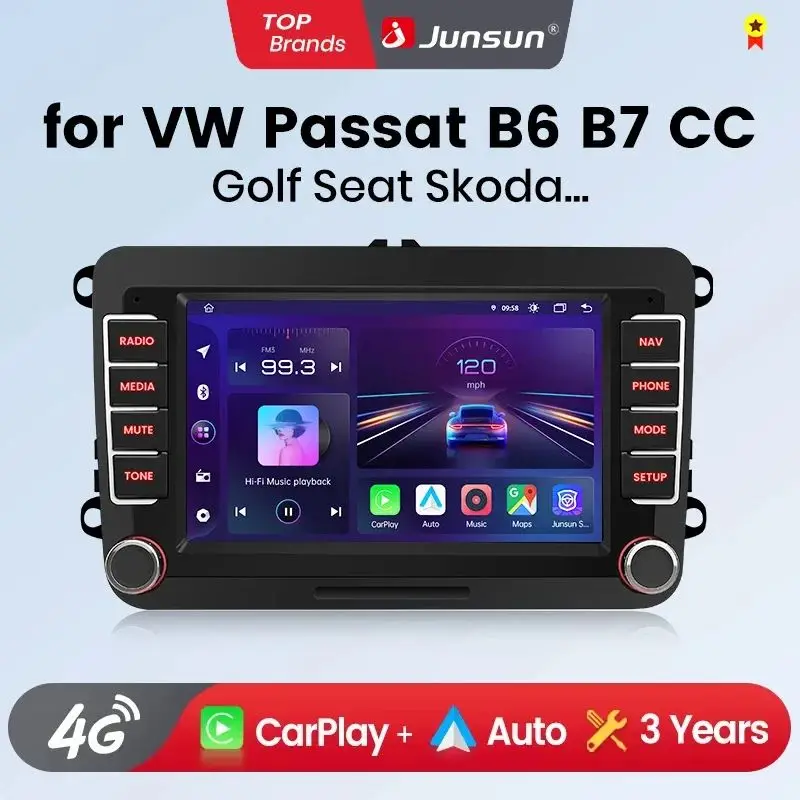Radio de coche Junsun de 7 pulgadas para Vw Volkswagen Passat B6 B7 T5 Tiguan Touran Golf Polo, CarPlay inalámbrico, Android Auto, GPS, navegador, estéreo, SWC, BT, FM, AM, RDS, DSP, 2Din, Mirror Link, reproductor multimedia, voz AI 1