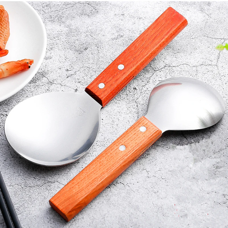304 Stainless Steel Rice Spoon Wooden Handle Kitchen Shovels Thick Anti-scalding Mixing Spoons Table Service Non-stick