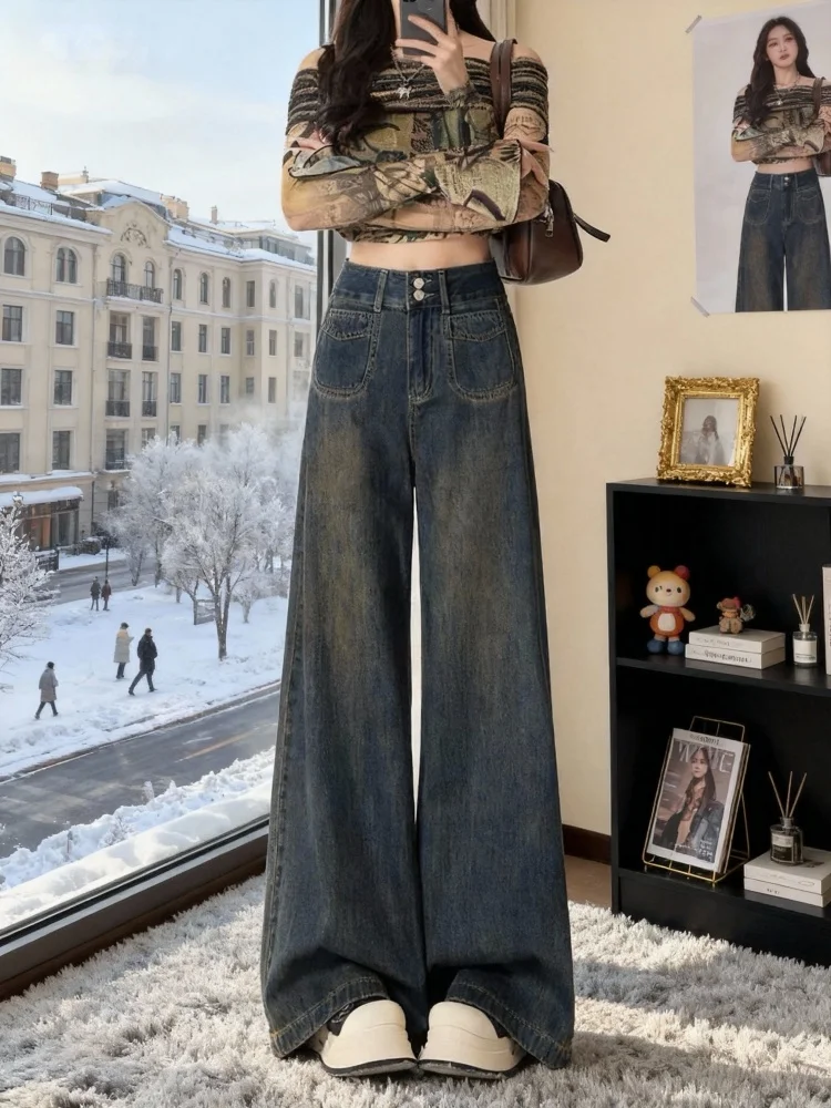 Fce Lined Thi Wide Leg Denim Jeans High Waist Straight Cut Loose Fit Retro Sle for Pear aped Women Autumn Winter New...