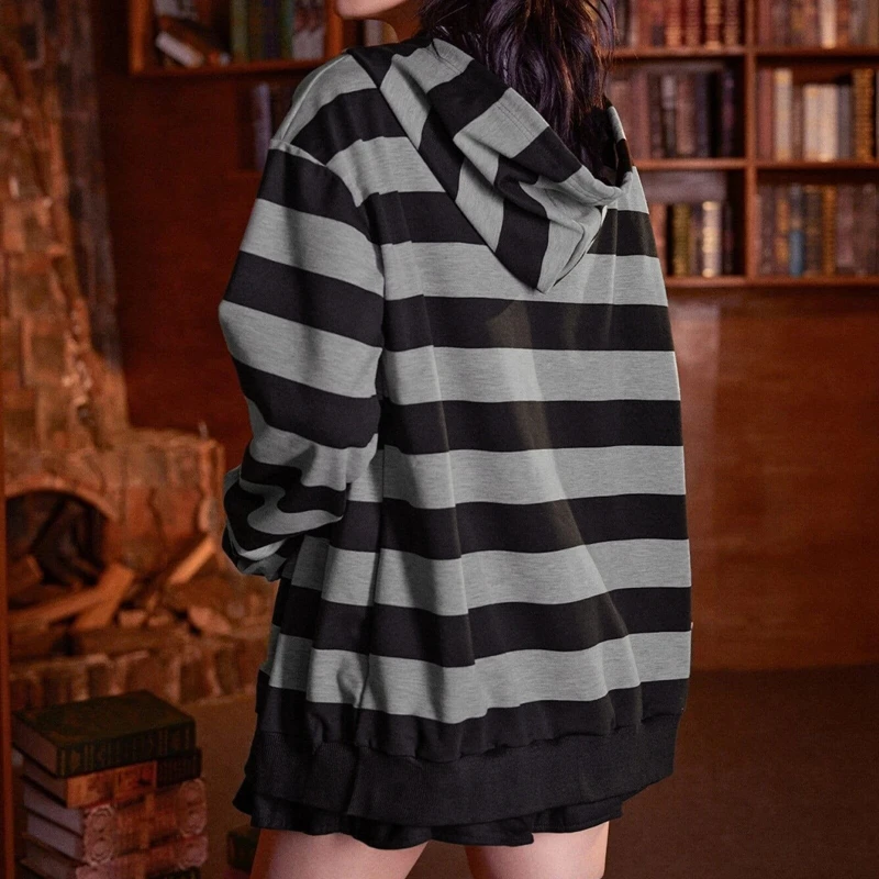 Vintage Stripe Hoodie Long Sleeve Loose Hooded Sweatshirt Women Preppy y2k Grunge 2000s Retro Autumn Hoodie Coat Streetwear