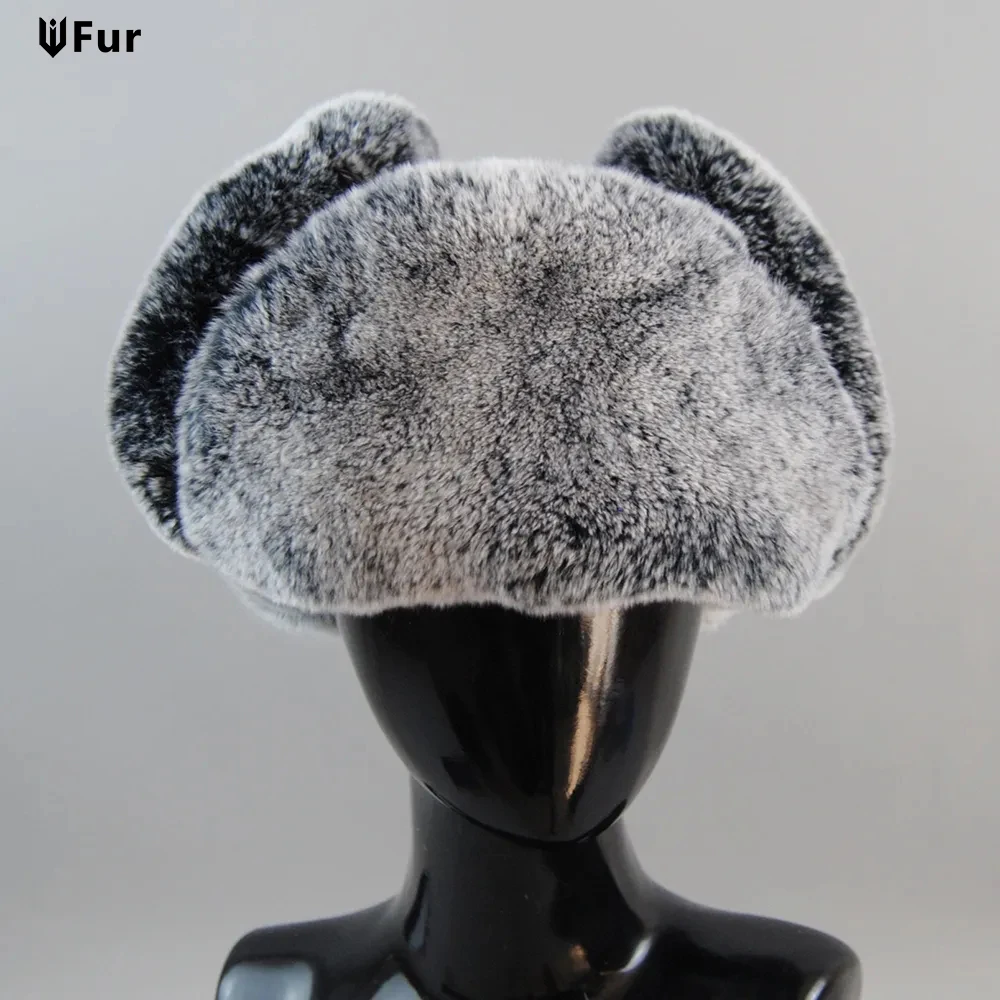 

Hot Sale Unisex Real Rex Rabbit Fur Bomber Hat Ushanka Cap Trapper Russian Men Women Ski Hats Caps Real Sheepskin Leather Caps