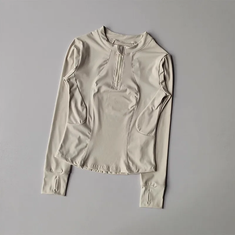 قميص اليوغا واللياقة البدنية للسيدات، نصف سحاب مرن...