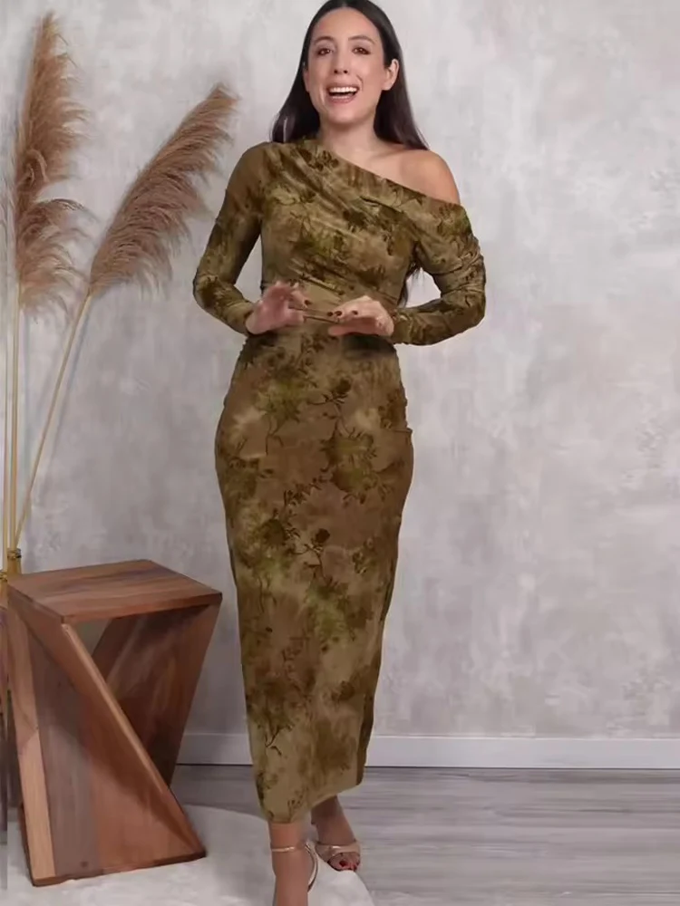 Chic Elegant Long Dresses Ruched Slim Fashion Midi Dress Women 2025 New Party Dresses For Women Print Long Sleeve Dress ﻿