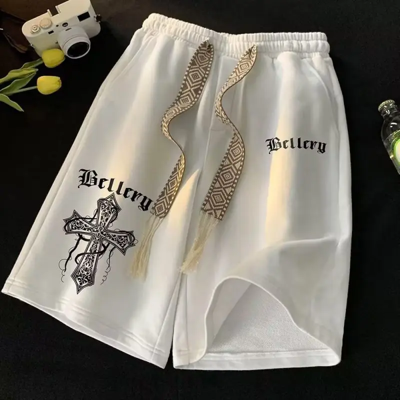 2024 New Summer Thin American Casual Loose Sports High Street Trendy Brand Drawstring High Waist Printed Split Pants for Men