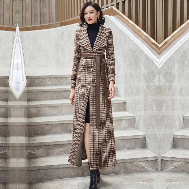New Autumn Winter Long Plaid Wool Coat For Women Fashion Turn-down Collar Patchwork Slim Wool Blended Overcoat With Belt