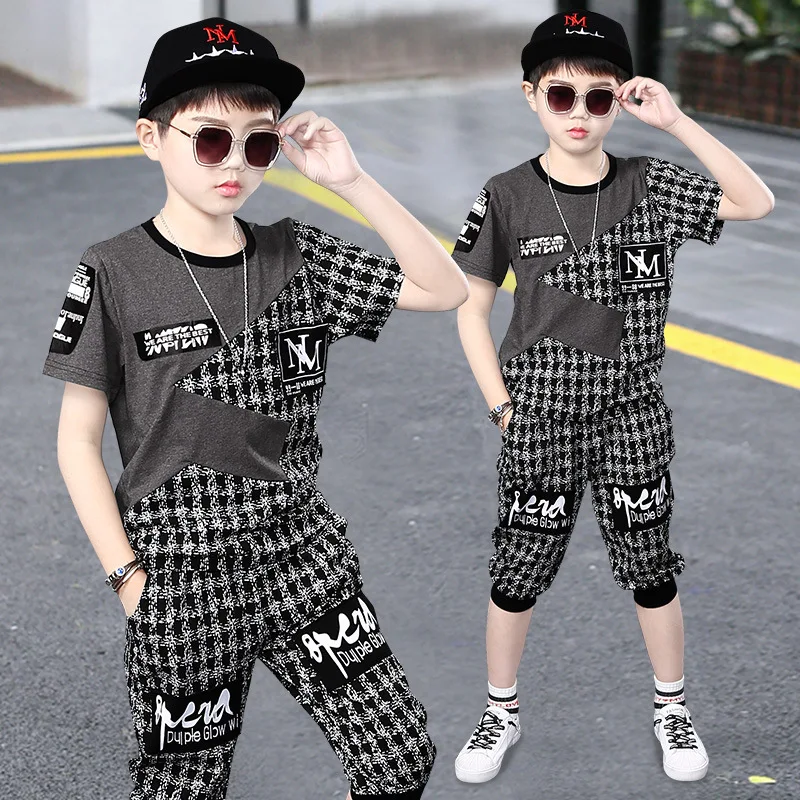 Set Di Vestiti Per Bambini Estivi Per Ragazzi 4 6 8 9 10 12 Anni T-Shirt A Maniche Corte Con Impunture Di Moda + Pantaloni Tuta Sportiva Per Bambini D