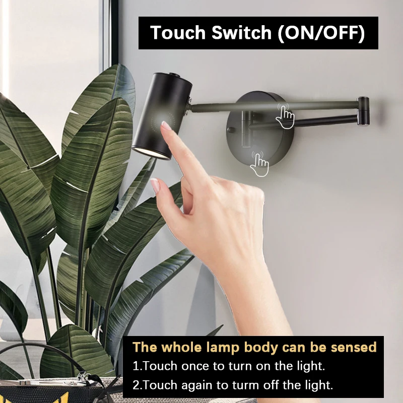 Dimmable Folding Retractable Wall Lamp Touch Switch Bedroom Bedside Reading Plug Button Study Rocker Light wall light,led wall lamp,led reading light