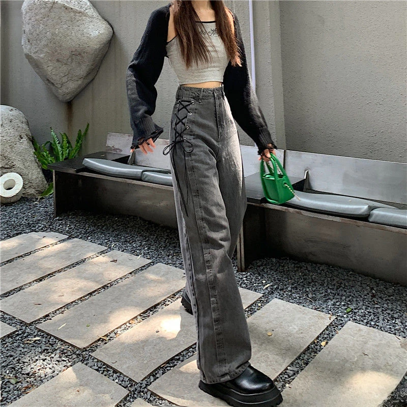 여성용 청바지 밴디지 디자인, 한국 패션, 루즈핏 스트리트웨어, 올매치 하이웨이스트 용수철, 시크한 데일리 얼짱, 아늑한