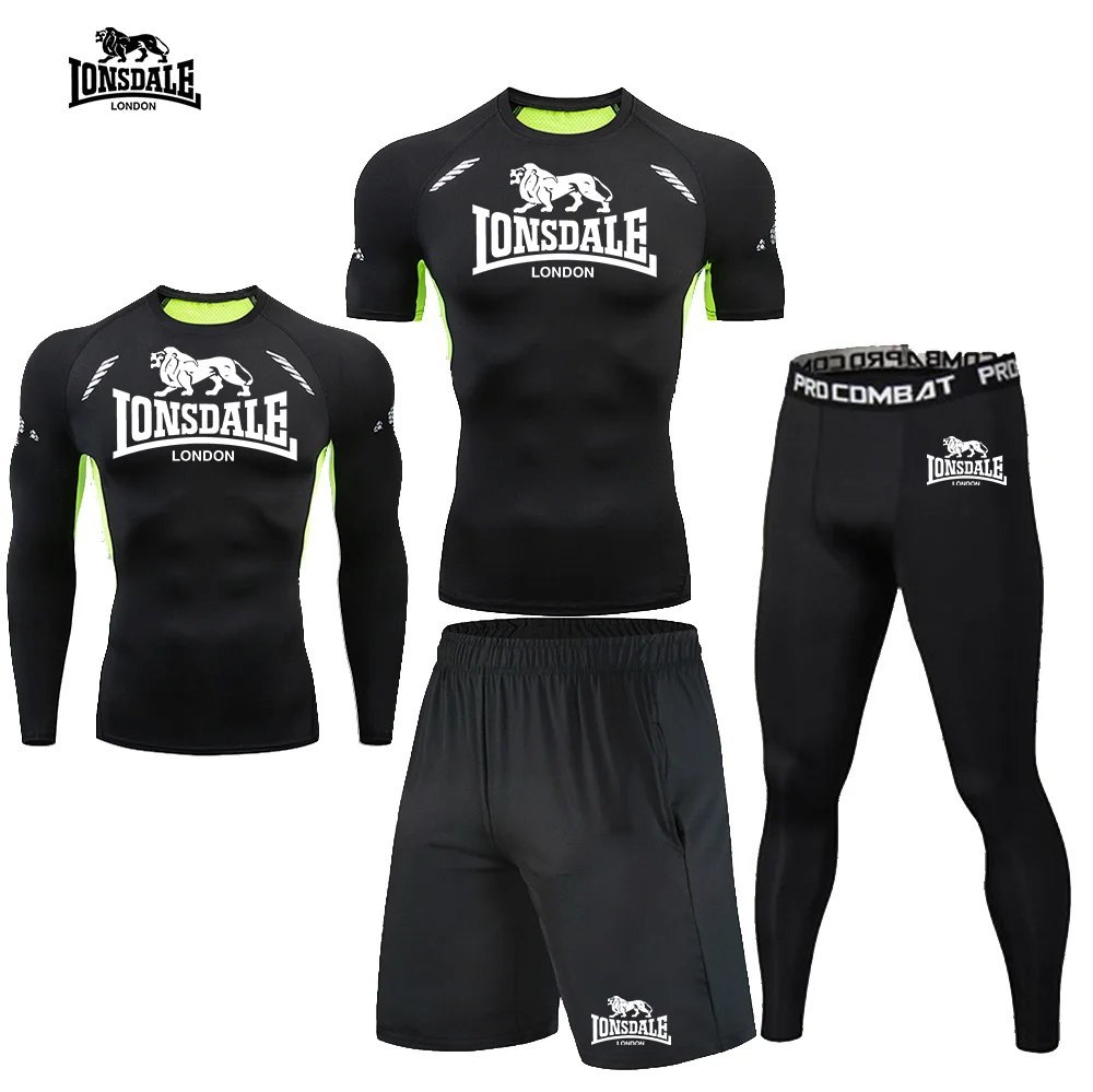 LONSDALE 4피스 스포츠웨어 짐 타이트 핏 티셔츠 피트니스 러닝 세트 조깅 스포츠웨어 남성 트랙수트 브랜드 래쉬가드 세트