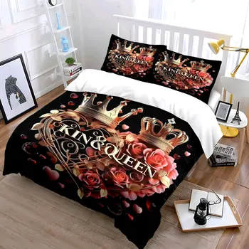 King Queen Crown Heart Bedding Set 3PCS Luxury Golden Rose Print Duvet Cover Pillowcases Romantic Bed Linen for Couple Bedroom 1