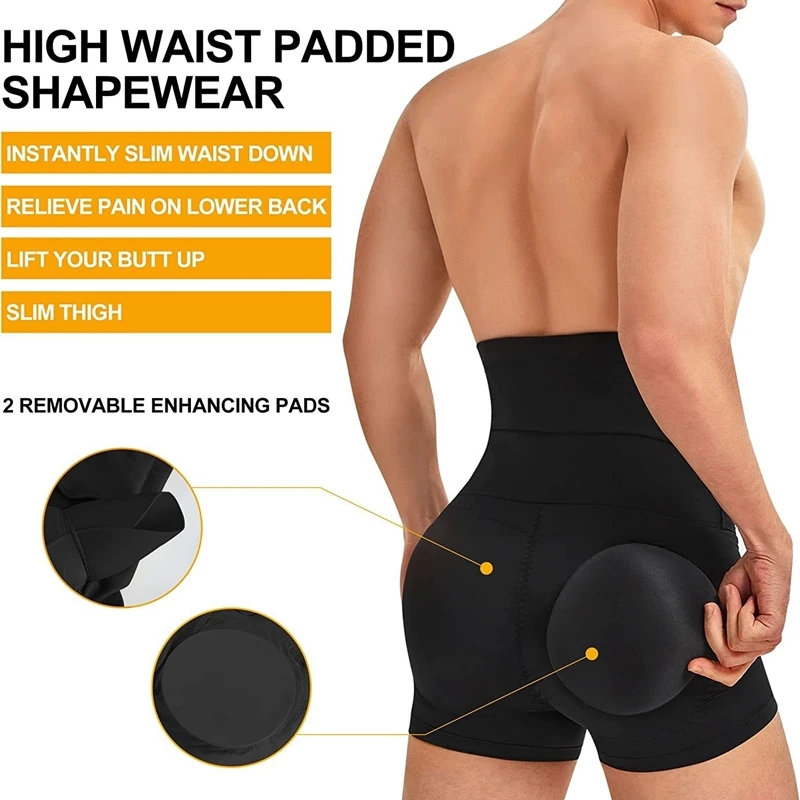 Men Sponge Pad Fake Ass Tummy Control Shorts High Waist Slimming Underwear Body Shaper Seamless Belly Girdle Boxer Briefs