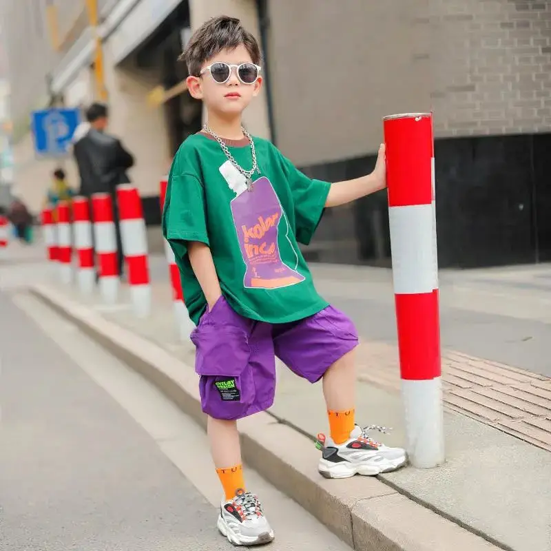 

2022 Fashion Children New Suit Cute Boys Girls Cartoon Clothes Summer Cotton Kids Boys Clothes Sets T-shrit+short 4-12 Years