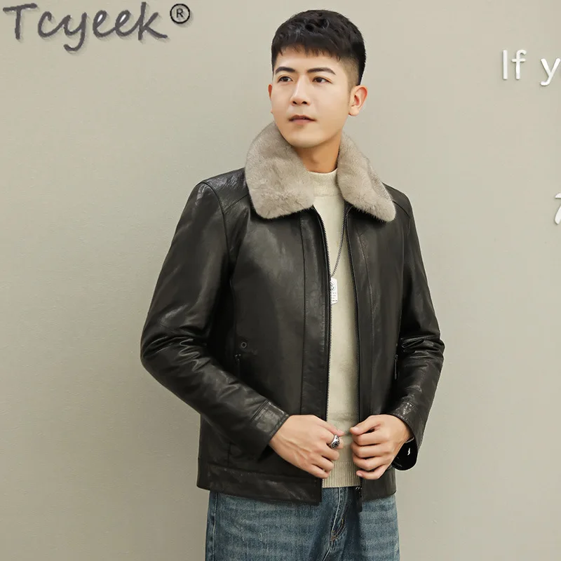 Tcyek 남성용 캐주얼 탑 레이어 염소 가죽 코트, 따뜻한 겨울 밍크 모피 라펠 칼라 패션,  가죽 다운 재킷, 남성 의류
