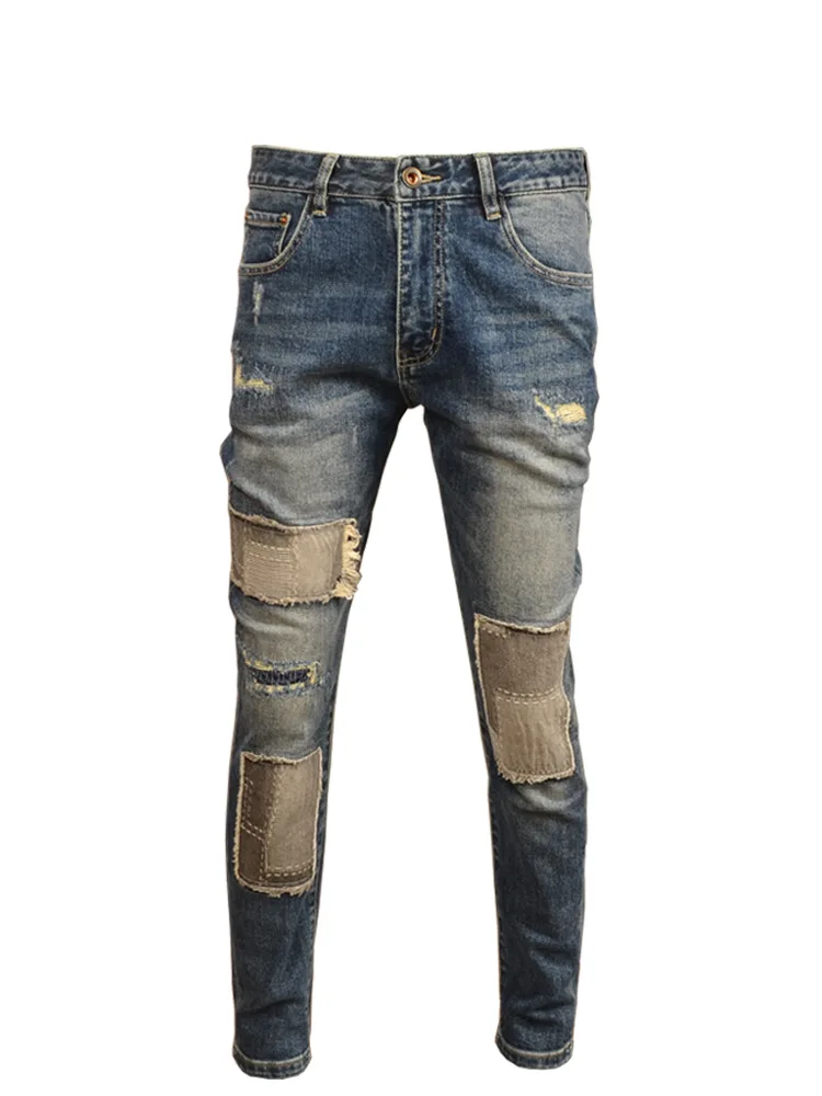 

Retro Make Old Ripped Jeans Men's Street Handsome Slim Fit Skinny Stretch Cloth Patch High-End Casual Trousers