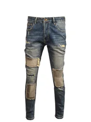 Retro Make Old Ripped Jeans Men's Street Handsome Slim Fit Skinny Stretch Cloth Patch High-End Casual Trousers