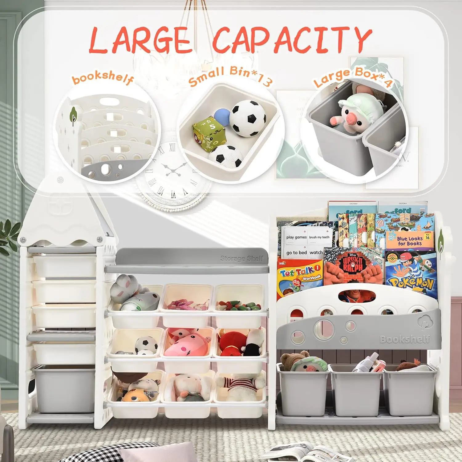 Toy Storage Organizer with Kids Bookshelf, Toy Organizer with 17 Bins and 5-Tier Bookshelf for Kids Bedroom Playroom 4