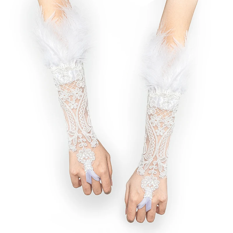 

2pcs/set Feather Wrist Cuffs Feather Lace Long Gloves Women Party Sexy Fingerless Gloves Showgirl Gothic Lace Gloves Accessories
