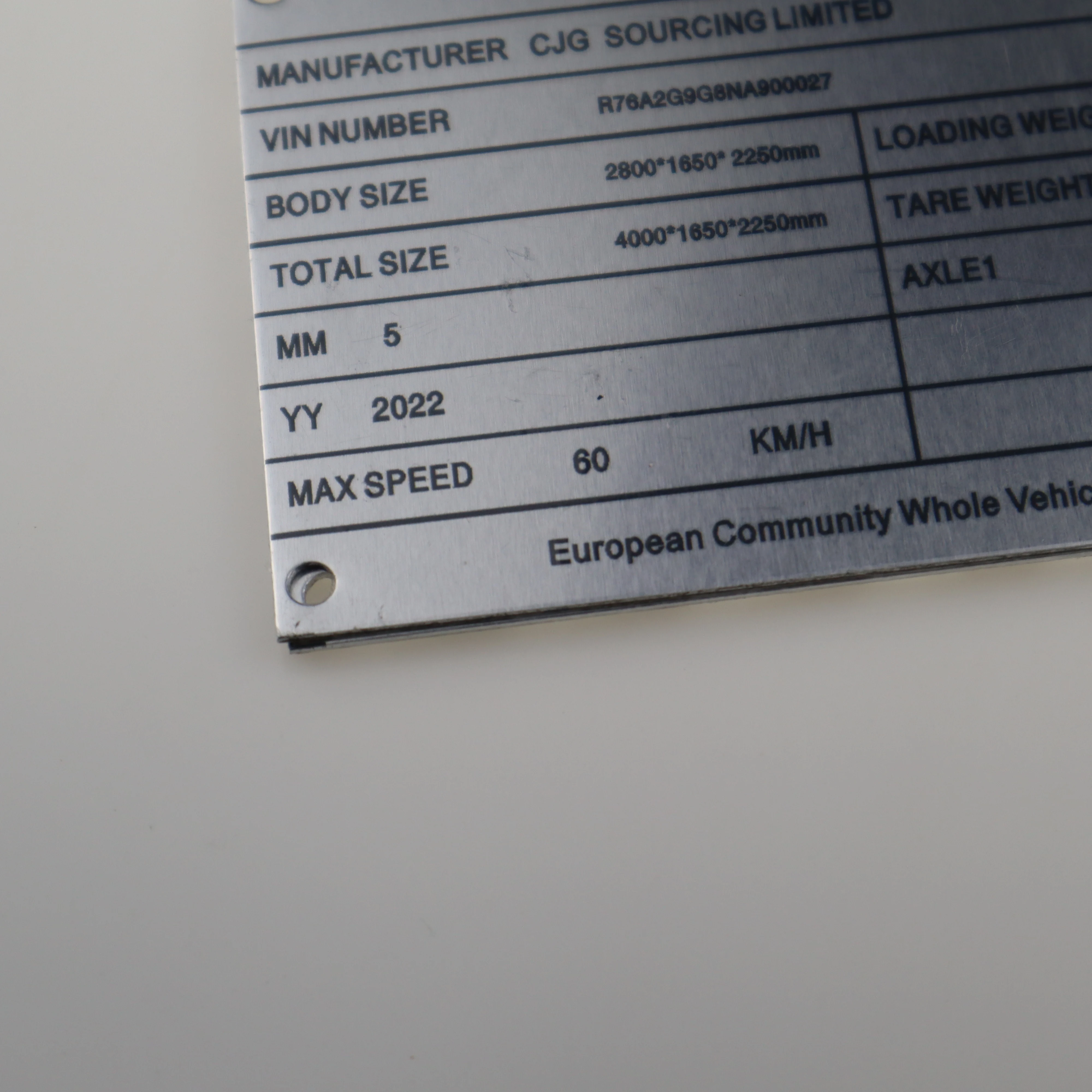 Special order for Aluminium VIN plate DO NOT order Until you have check with us SERIAL ID TAG PLATE DATA AR TRUCK