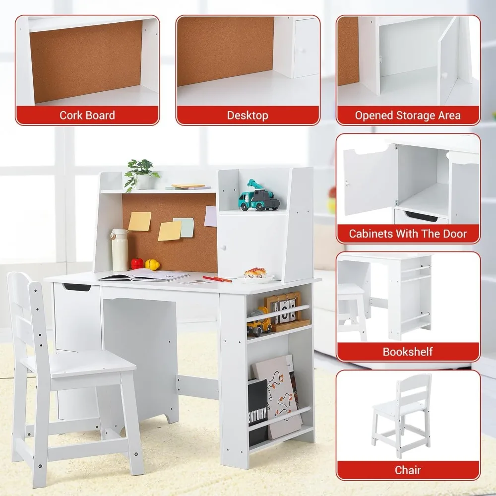 Kids Study Desk and Chair Set with Storage - White Learning Table with Bookshelf and Cabinets for Boys and Girls Ages 3-8 4
