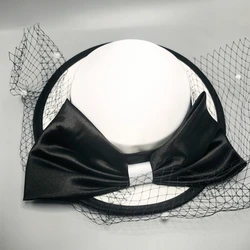Retro Simple Light Gauze Top Hat Satin Fairy Flat Top White Bridal Hat with Bow for Photography Cocktail Tea Party Wedding