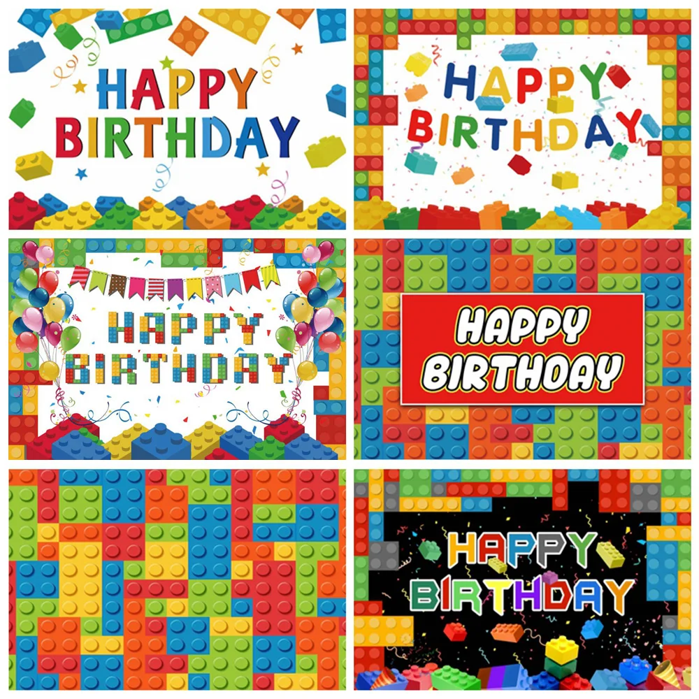 

Building Block Theme Happy Birthday Background Cloth Boy And Girl Birthday Party Baby Shower Decoration Photography Background