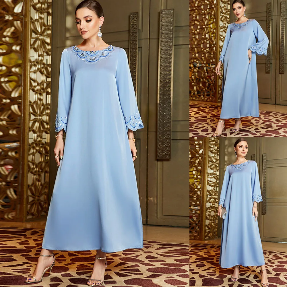 

Elegant Evening Party Muslim Dress Diamonds Dubai Moroccan Jalabiya Women Islamic Vestidos Abaya Middle East 2023 Spring Ramadan