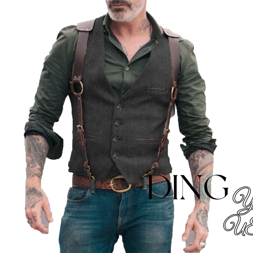 Pocket Men Suit Vest V Neck Jacket Herringbone Tweed Business Waistcoat Wedding Groomman Clothing Victorian Steampunk