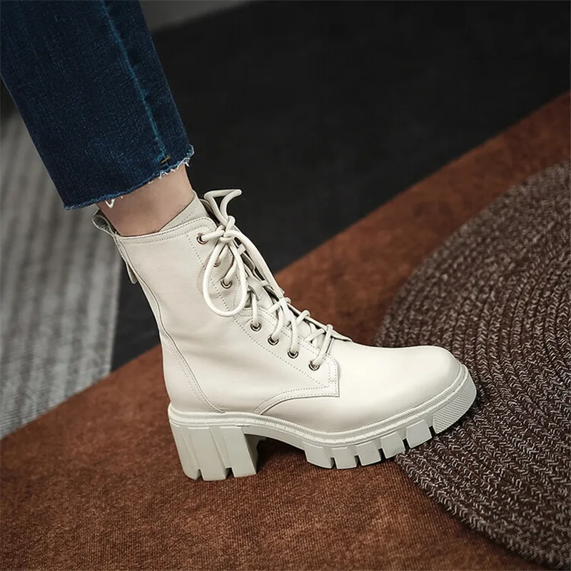 

Genuine Leather Round Toe Chunky Heel Women Boots Platform Shoes Female Boots Autumn Winter Office Lady Women Shoes Ankle Boots