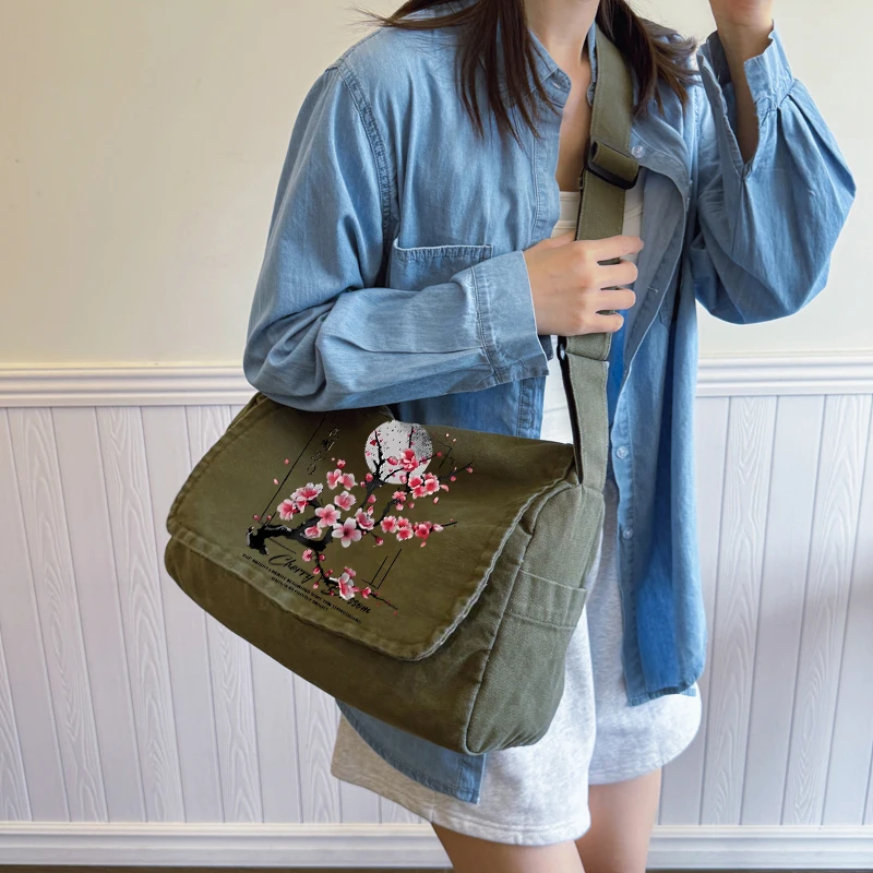 Fashion Women's Bag Japanese Cherry Blossom Pattern Shoulder Bag Multiple Pockets Tote Crossbody Laptop Bag Travel