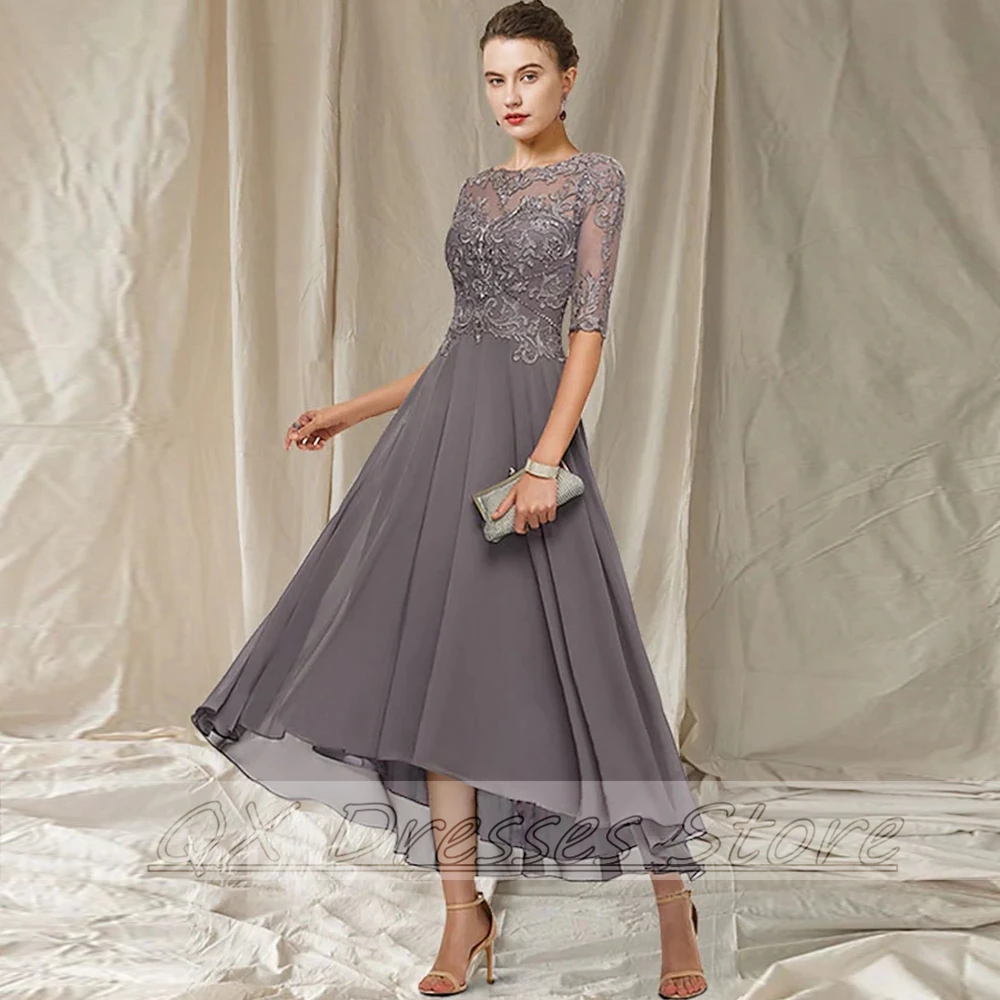 Elegant Applique Mother of the Bridal Dresses Simple Tea Length A-line Chiffon Gust Dress for Wedding Half Sleeve Mom Party Gown mother bride dresses,women party dresses