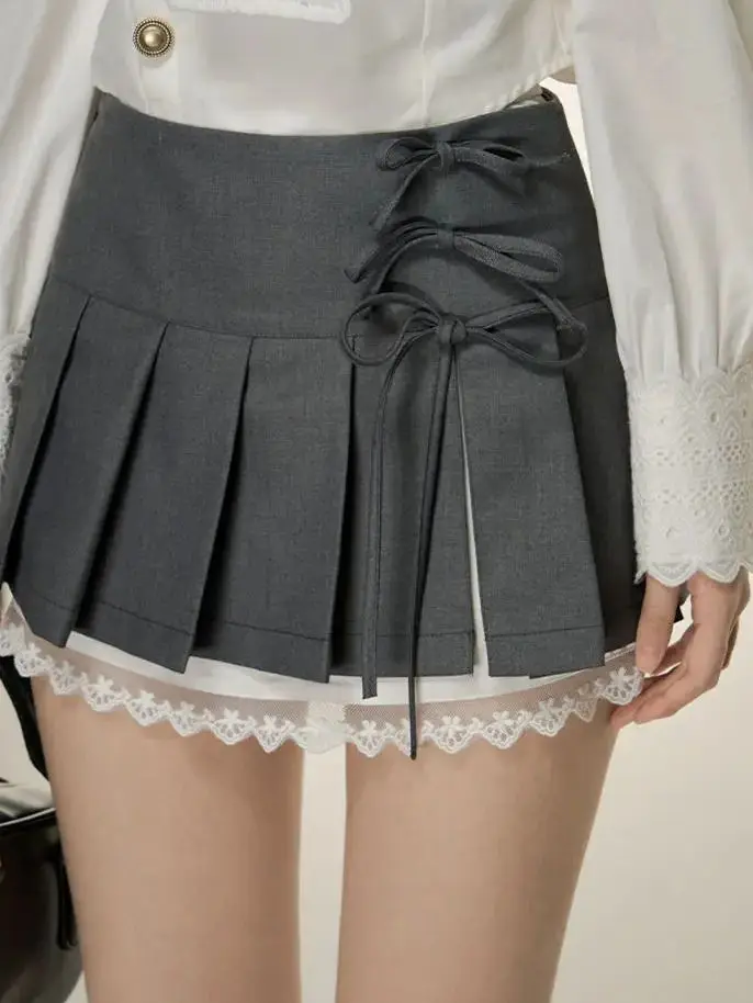 Pleated Skirt Bowknot Printing Summer Women Ballet Core Lace Mini Pleated Skirt Mori Girl Coquette Aesthetic A-Line Micro Skirt