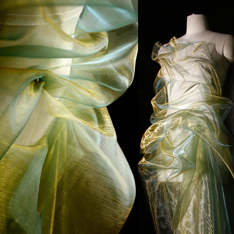 Yellow-green light water silk gauze liquid organza gauze fabric dress skirt coat clothing designer fabric