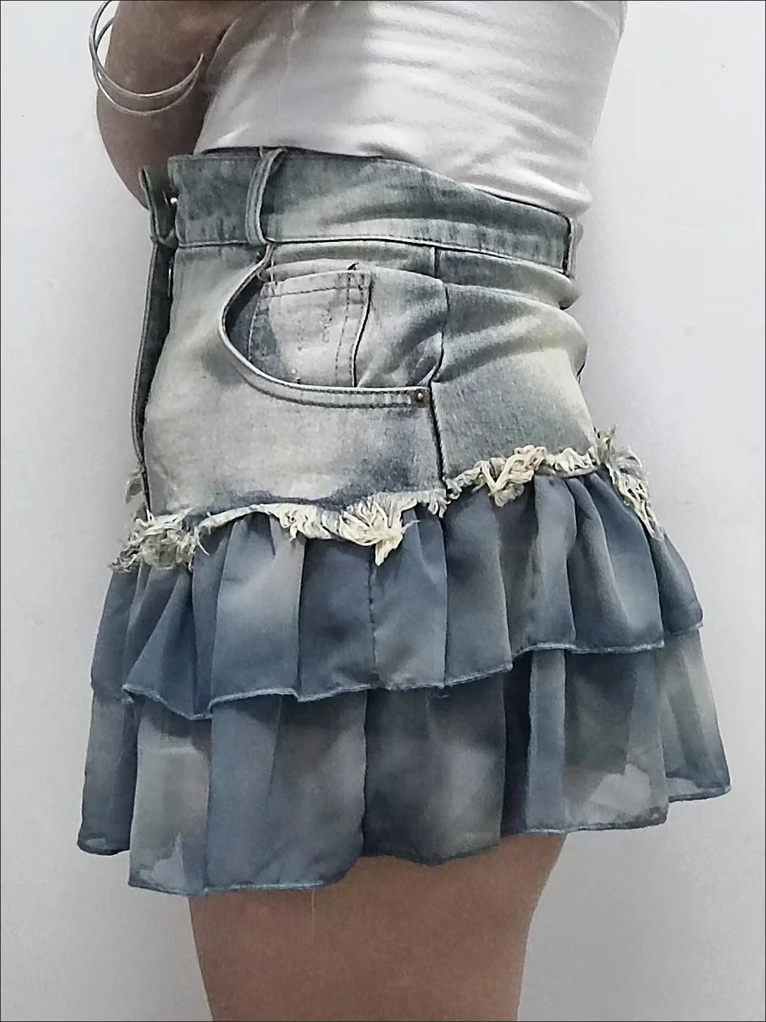 Knee Length Chiffon Skirt Jeans High Waisted Hem Split Front Blue