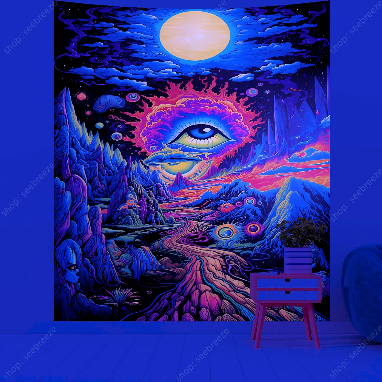 

Psychedelic Eye UV Reactive Tapestry Moonlit Night Mountains Tapestry Wall Hanging for Hippie Room Decor Aesthetic Party Decor