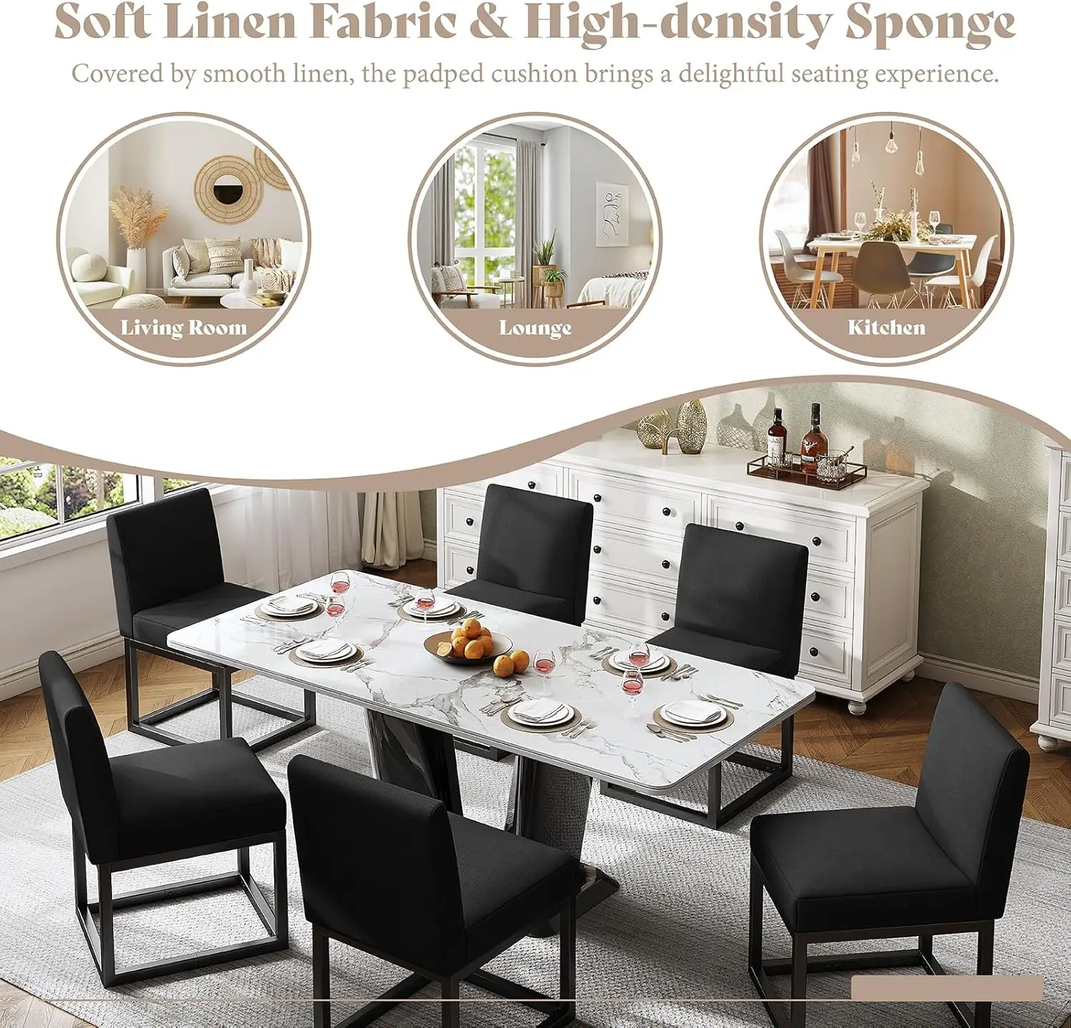Mid Century Linen Dining Chairs Set of 6, Modern Upholstered Dinner Chairs with Metal Frame for Restaurant, Dining Room, Kitchen 5