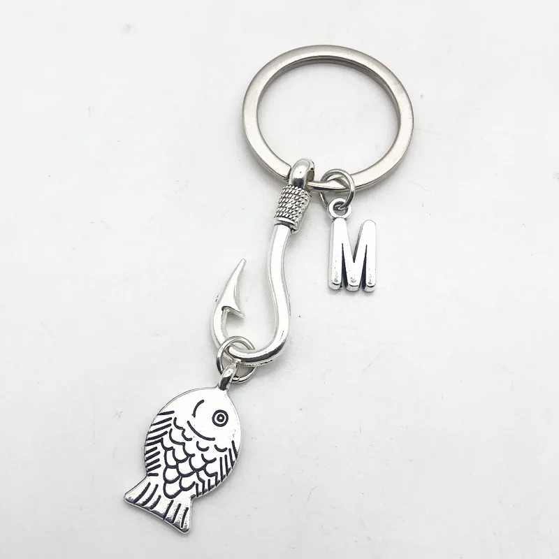 Fashion 26 Letter Fish Hook Fisherman Key Ring Fishing Enthusiast Key Chain Pendant Keychains Friendly Gift
