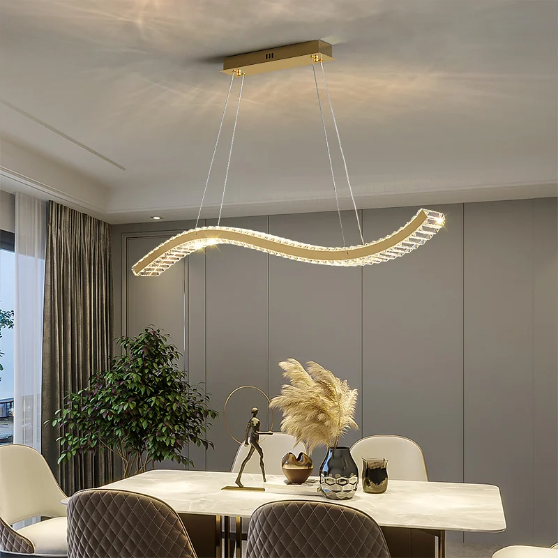 

Modern Dining Room Dimmable Led Pendant Lights Gold / Chrome Wave Steel Lustre K9 Crystal Led Luminarias Adjustable Hanging Lamp