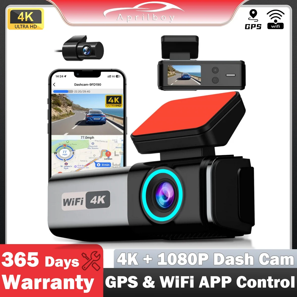 Dash Cam Aprilboy K8 WIFI Car 4K 2160P Car DVR Front and Rear Dual Lens Auto Camera with Night Vision G-Sensor 24H Monitor