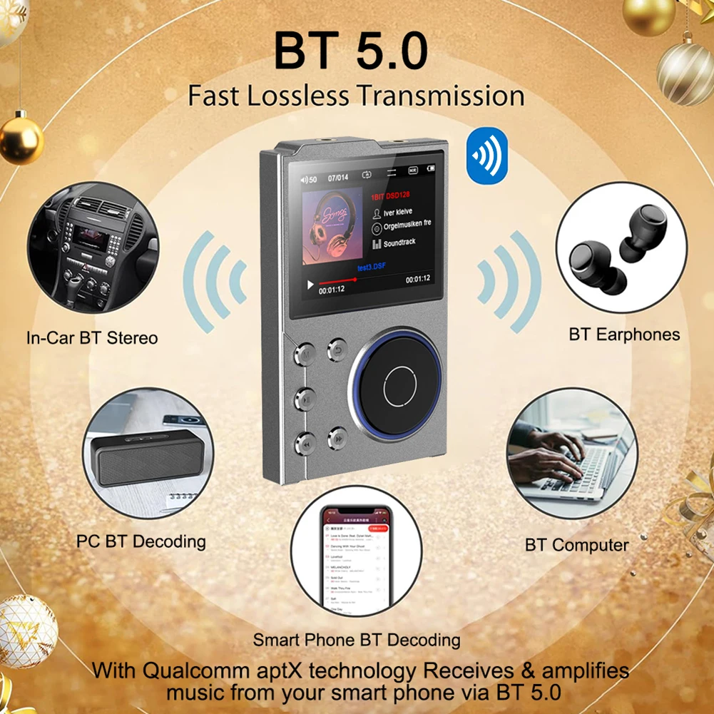 HiFi MP3 Player Lossless DSD Digital Audio Music Player Bluetooth 5.3 16GB Built-in Portable Music Players Support Up To 256GB