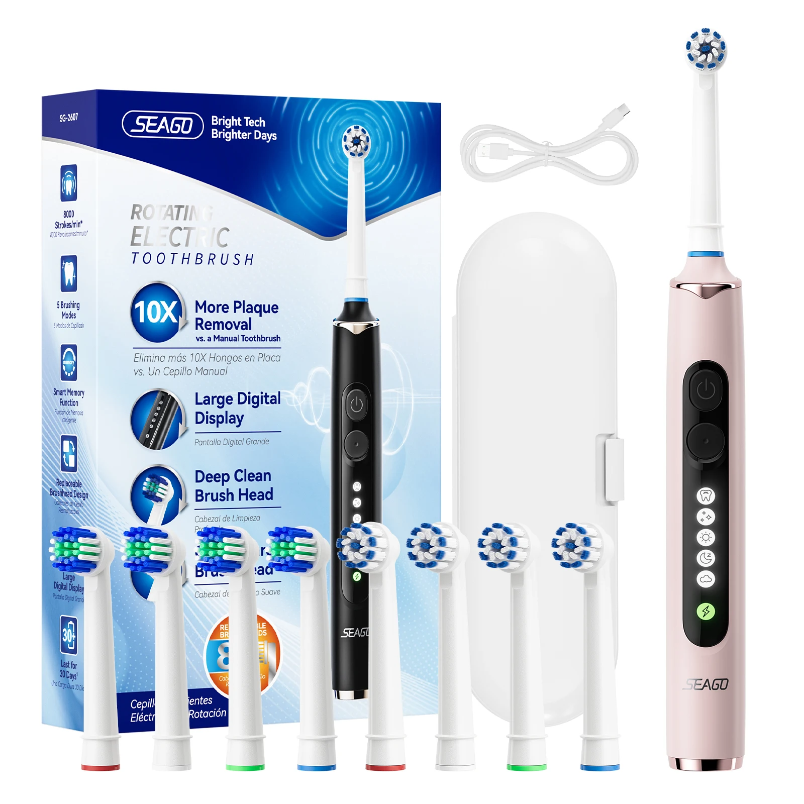 Seago Rotating Electric Toothbrush for Adults 8 Toothbrush Heads and Travel Box Smart Display 5 Modes Waterproof SG-2607