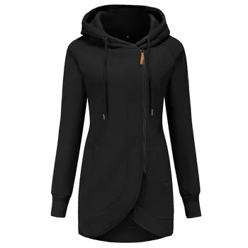 Women Solid Irregular Design Hooded Sweatshirt Fashion Turtleneck Pocket Split Hem Long Sleeve Zipper  Pullovers Top Streetwear 3