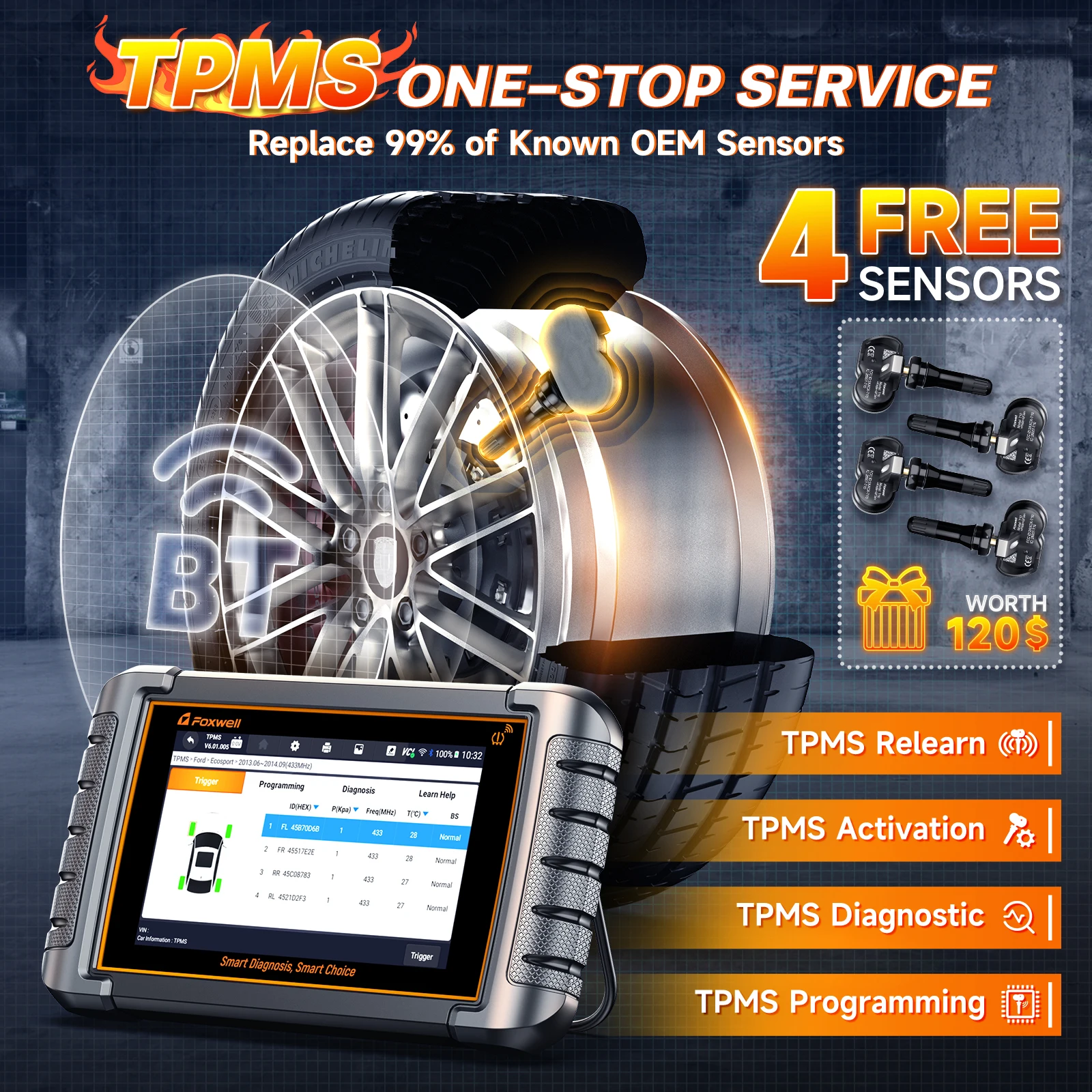 FOXWELL NT809TS TPMS 프로그래밍 도구, 모든 시스템 진단 양방향 제어, 30 + 재설정 OBD2 블루투스, 자동차 스캐너